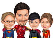 Incredibile caricatura di supereroi familiari in stile colore da foto