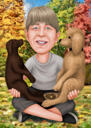 Owner with Pets Caricature with Colored Background