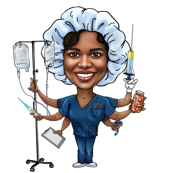 Volledige lichaamskarikatuur van een multitaskende verpleegster