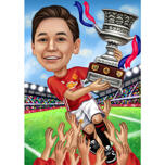 Карикатура на футболиста с трофеем, нарисованная в цветном стиле по фотографиям