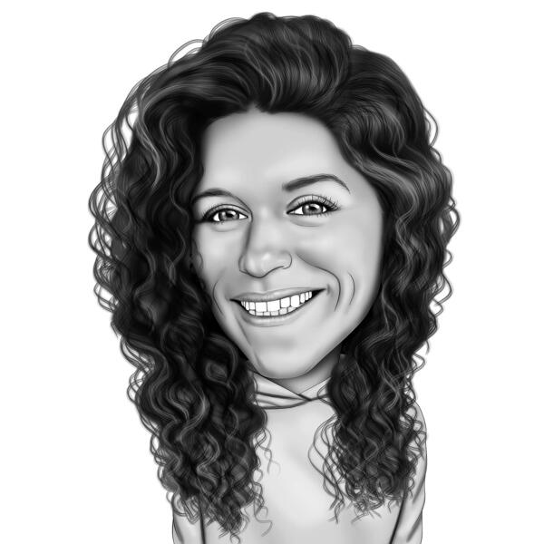 Woman Caricature from Photo in Black and White Exaggerated Cartoon Style