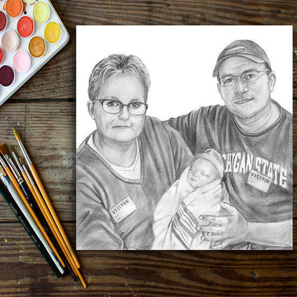 Par med babyporträtt från foton med vit bakgrund tryckt på affisch