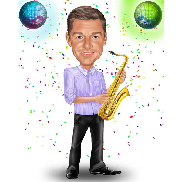 Caricatura de jugador de saxofón en estilo de color para regalo de amantes de la música de jazz