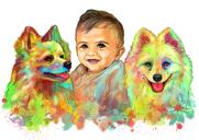 Omistaja koirien kanssa karikatyyri muotokuva Rainbow-akvarellityyliin valokuvista