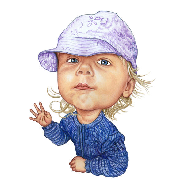 Hauska vauvan karikatyyri muotokuva, joka on piirretty käsin värilliseen tyyliin valokuvista