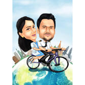 Couple on Bicycle World Travelers Caricature in Color Style from Photos