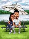 Caricature colorée de couple sur un banc de parc avec fond de nature à partir de photos
