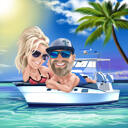 Caricatura de casal se bronzeando no barco
