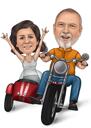 Paar auf Motorradkarikatur im Farbstil von Fotos