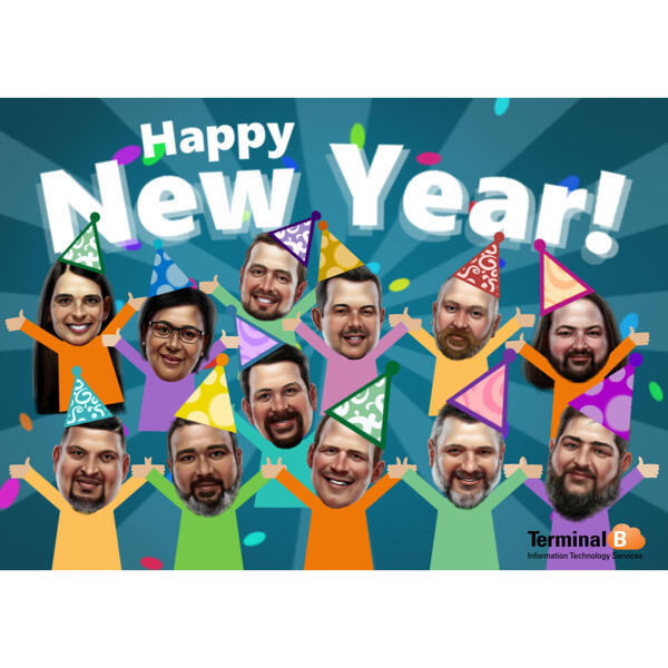 Divertido dibujo personalizado de dibujos animados de grupo de feliz año nuevo para la fiesta de la oficina de la empresa