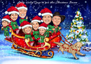 Kerstkarikatuur van de sleefamilie van de Kerstman met honden
