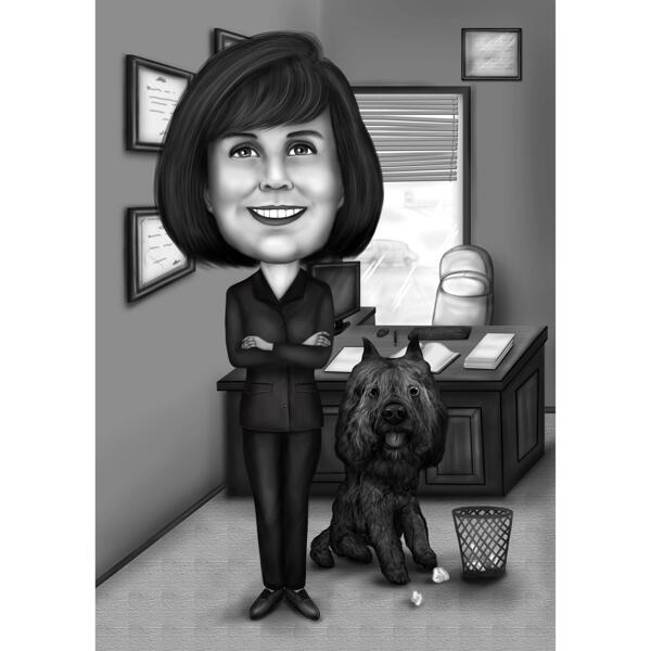 Propriétaire avec portrait de dessin animé pour animaux de compagnie en style noir et blanc avec arrière-plan personnalisé