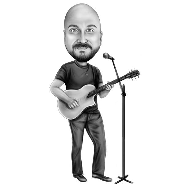 Manlig sångare karikatyrpresent i svartvit stil från foton