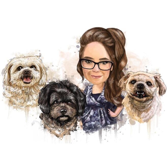 Ägare med tre hundar karikatyrporträtt i naturlig akvarellstil