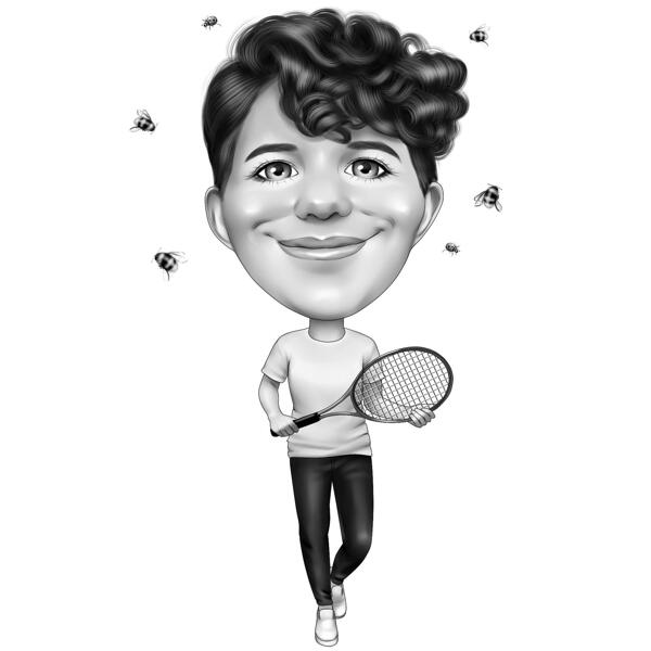 Badminton Player Caricature in Black and White