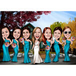 Caricature de demoiselles d'honneur de tout le corps dans un style de couleur avec un arrière-plan personnalisé