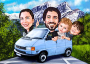 Dibujo de caricatura de una familia en un coche