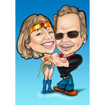 Caricature de couple de super-héros exagérée