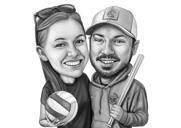 Retrato de casal em estilo cartoon em preto e branco