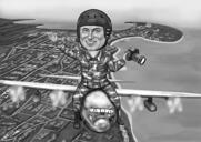 Person Caricature Riding Airplane in Black and White Style with Background