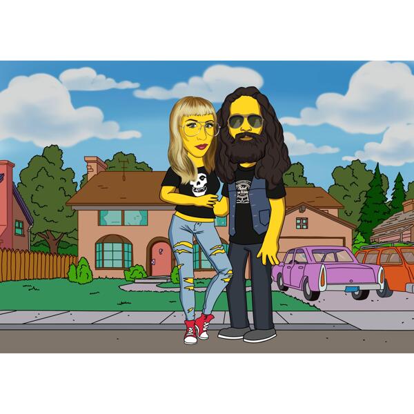 Yellow Faces Couple Cartoon with House