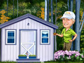 Gartenarbeiter-Karikatur-Zeichnung im Farbstil mit benutzerdefiniertem Hintergrund