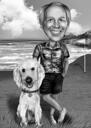 Owner with Pet Cartoon Portrait in Black and White Style with Custom Background