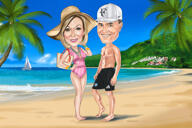 Caricatura de pareja de vacaciones con fondo de playa tropical