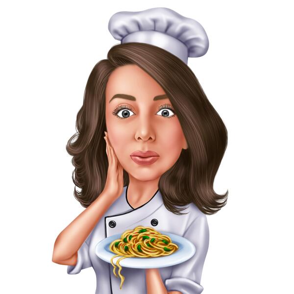 Женщина-повар карикатура держит тарелку с едой