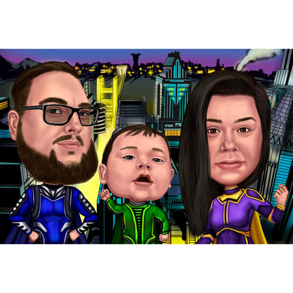 Superkangelaste perekonna värviline karikatuurmaal New Yorgi taustal fotodest