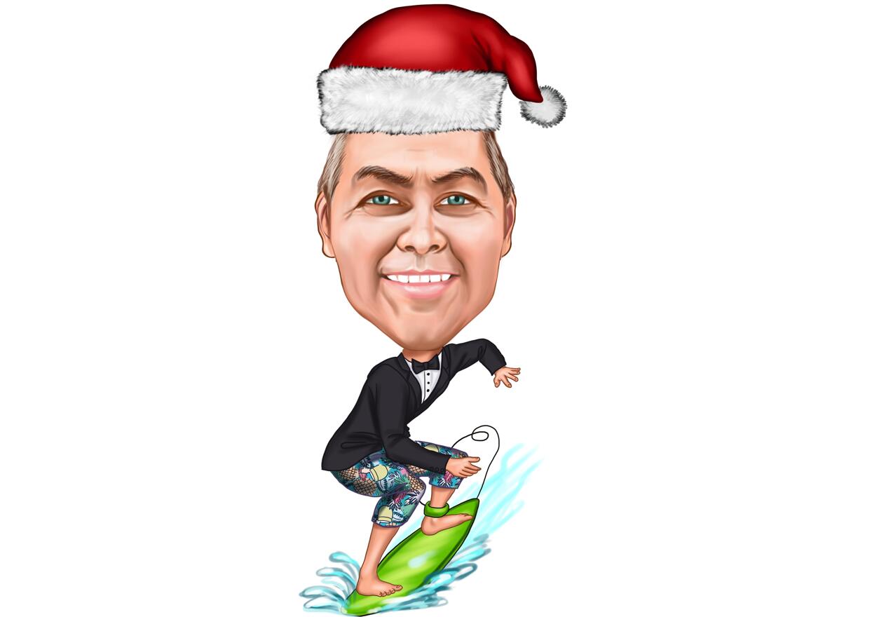 Surfing Caricature with Exaggeration in Color Style on Wave Background