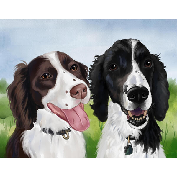 Dogs Portrait Drawing in Artistic Watercolor Style from Photos with Custom Background