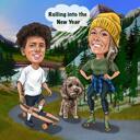 Paar met hond op de camping, cartoonkarikatuur