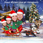 Family Card in Santa's Sleigh with Pets