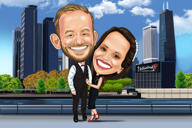 Full Body Couple Caricature in Color Style with City Background