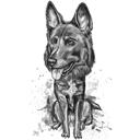 Trækul helkropsportræt af schæferhund i sort og hvid stil fra foto