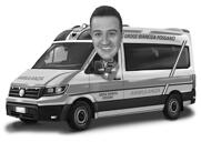 Caricatura personalizzata dell'ambulanza in stile bianco e nero dalla foto