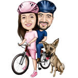 Couple à vélo avec caricature d'animaux de compagnie à partir de photos