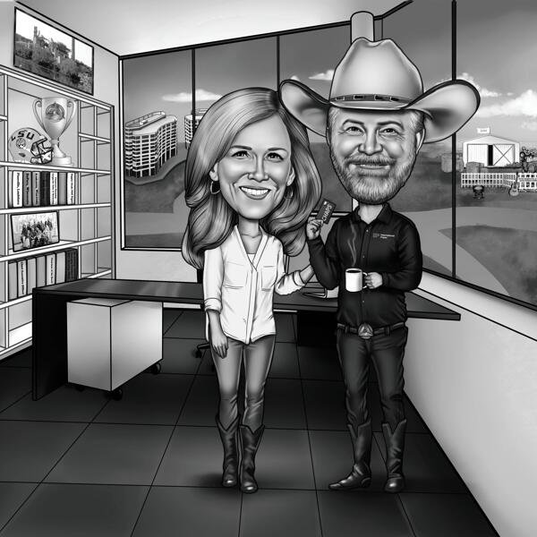 Caricature de couple exagérée en noir et blanc