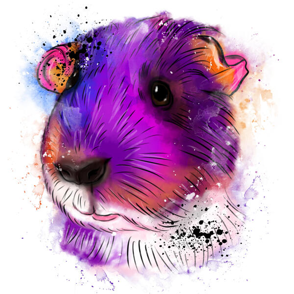 Head and Shoulders Guinea Pig Portrait in Watercolor Style from Photo