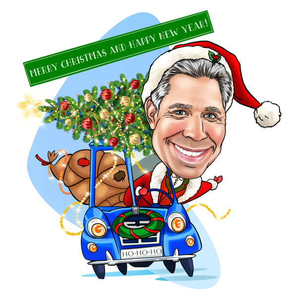 Caricatura exagerada de Papá Noel corriendo en coche en Nochebuena