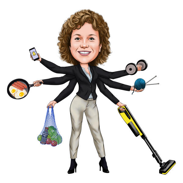 Cartoonportret van een multitaskende huisvrouw