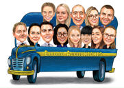Карикатура компании в полный рост с транспортным средством и логотипом