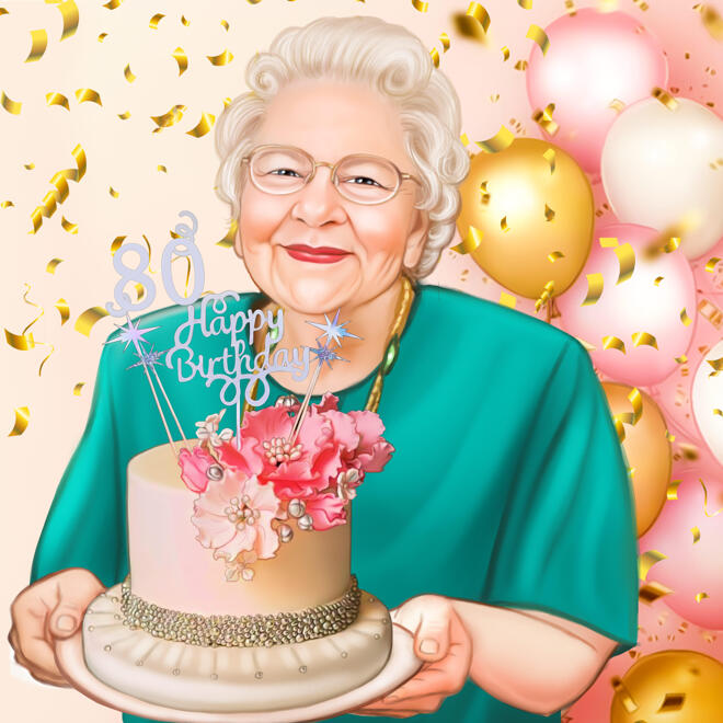 Portret de persoană cu tort de naștere pentru cadou de 80 de ani