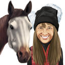 Person- og hestekarikatur i farvet stil fra fotos