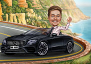 Persona Mercedes automašīnā kā krāsaina karikatūras dāvana ar pielāgotu fonu no fotoattēliem
