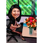Happy Woman Manager sitzt auf ihrer Schreibtischkarikatur im farbigen Ganzkörperstil von Fotos