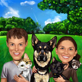 Mixed Pets and People Caricature from Photos on Spring Summer Background