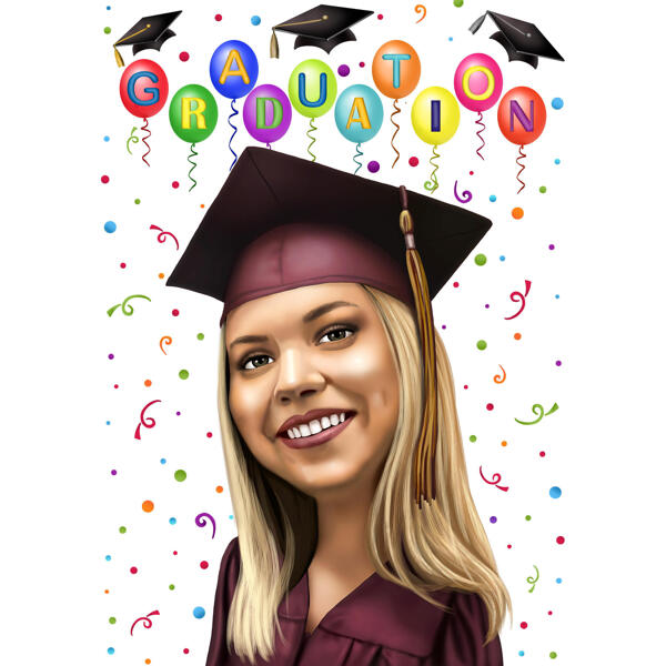 Mädchen-Absolventenkarikatur mit Luftballons