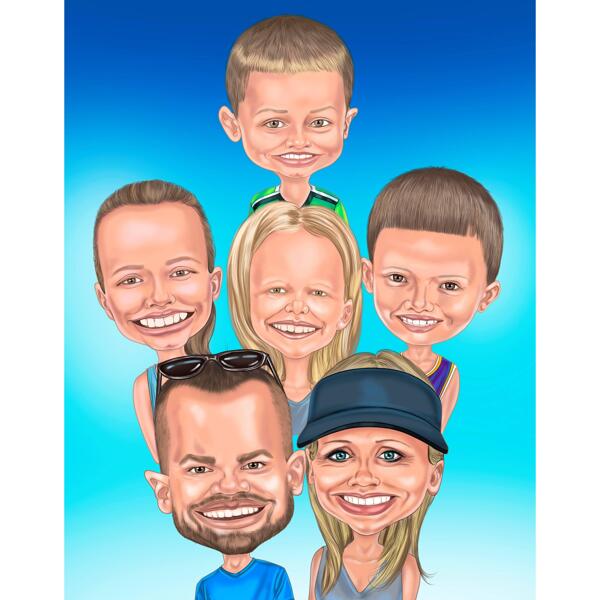 Caricature de famille exagérée avec un fond de couleur